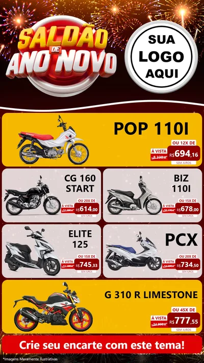 Modelo de TV para TV Vertical com o tema Saldão de Ano Novo para Concessionaria de Motos
