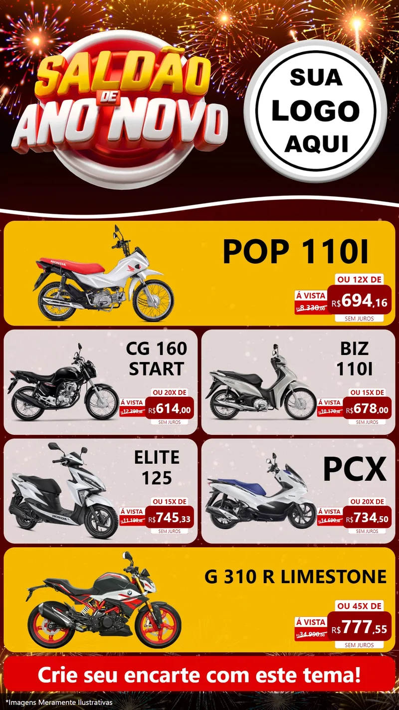 Modelo de TV para TV Vertical com o tema Saldão de Ano Novo para Concessionaria de Motos
