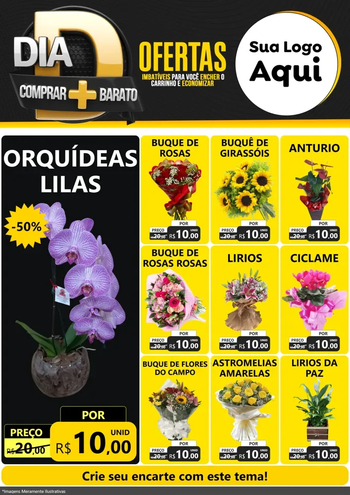 Modelo de Encarte para Encarte A4 Vertical com o tema Dia D Mais Economia para Floricultura e jardim