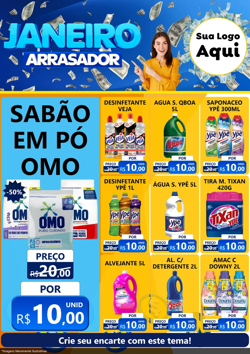Modelo de Encarte para Encarte A4 Vertical com o tema Janeiro Arrasador para Produtos de Limpeza