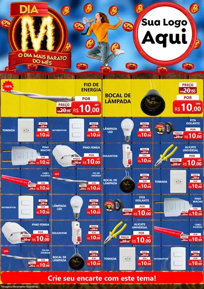 Modelo de Encarte para Encarte A4 Vertical com o tema Dia M - O Dia Mais Barato Do Mês para Materiais Elétricos
