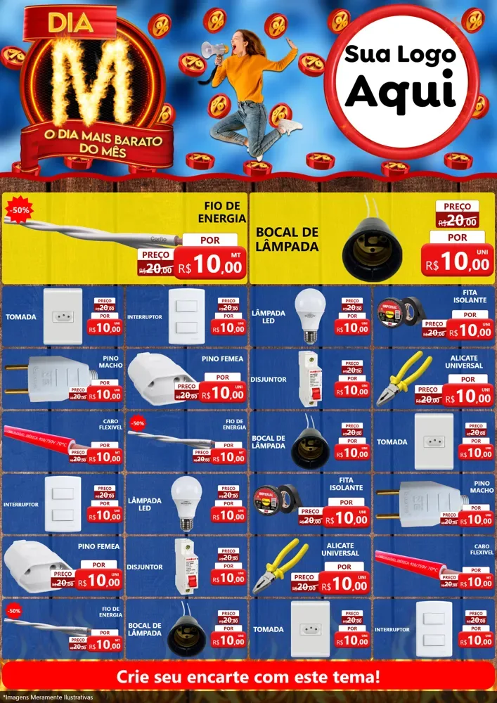 Modelo de Encarte para Encarte A4 Vertical com o tema Dia M - O Dia Mais Barato Do Mês para Materiais Elétricos