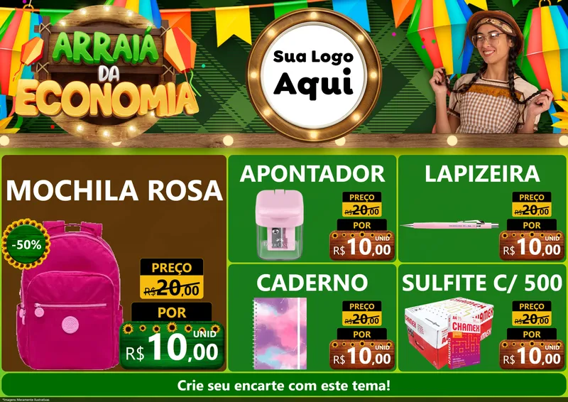 Modelo de Encarte para Encarte A4 Horizontal com o tema Arraiá de Economia para Papelaria