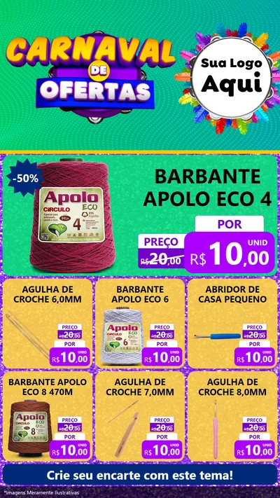 Modelo de Rede Social para Stories com o tema Carnaval de Ofertas para Armarinho e Aviamentos
