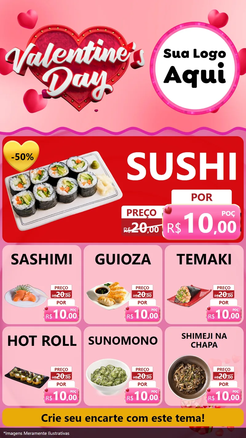 Modelo de Rede Social para Stories com o tema Valentine's Day para Comida japonesa