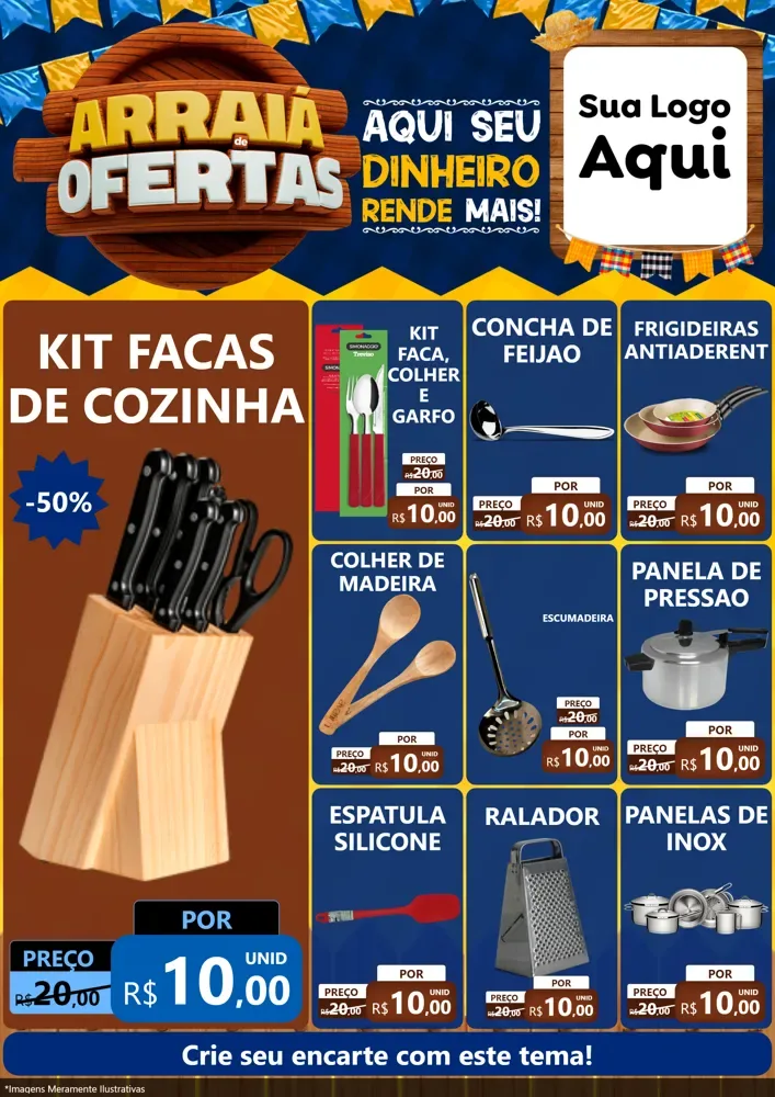 Modelo de Encarte para Encarte A4 Vertical com o tema Arraiá de Ofertas - Junina para Utilidades Domésticas