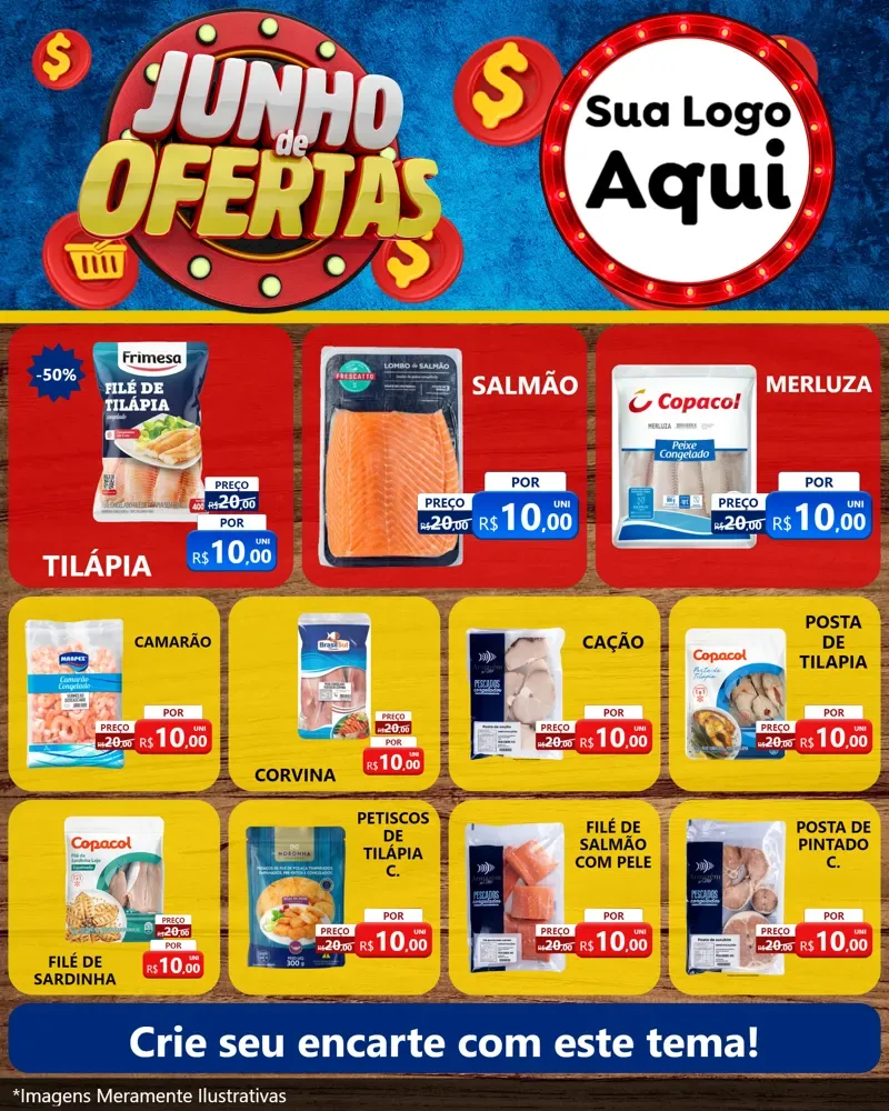 Modelo de Rede Social para Feed Instagram com o tema Junho de Ofertas para Peixaria