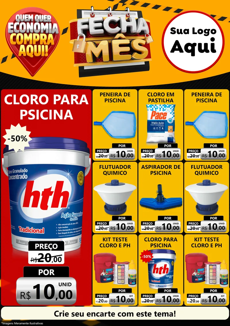 Modelo de Encarte para Encarte A4 Vertical com o tema Fecha Mês para Produtos para Piscina