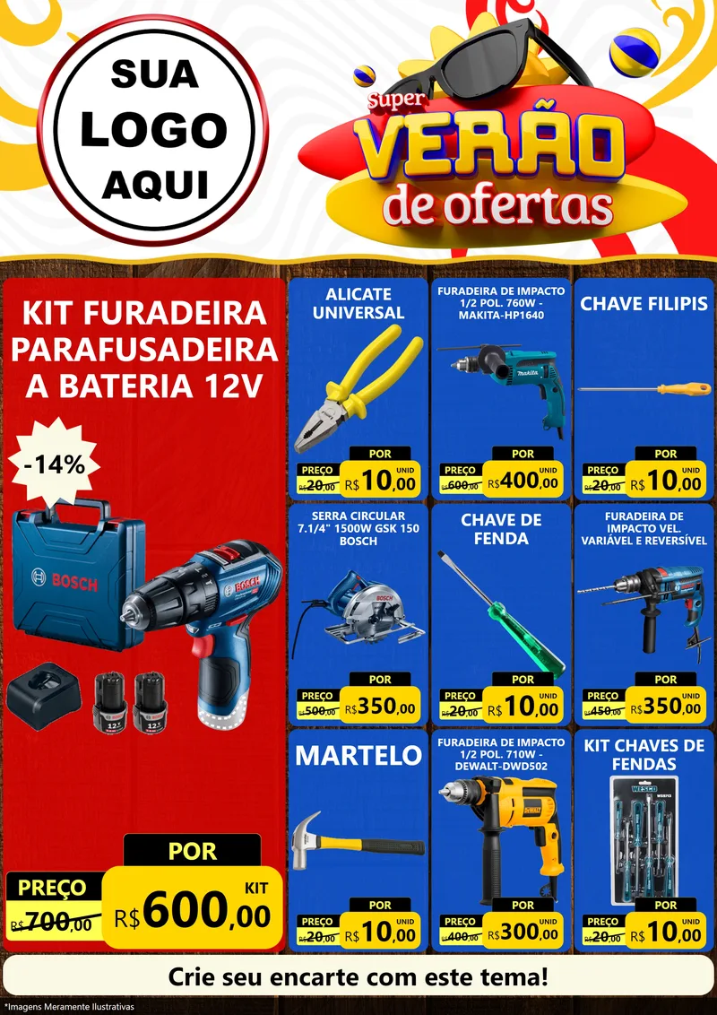 Modelo de Encarte para Encarte A4 Vertical com o tema Super Verão de Ofertas para Maquinas e Ferramentas
