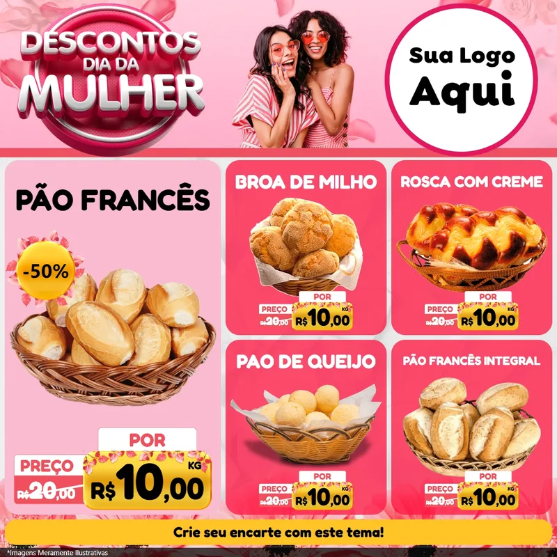 Modelo de Rede Social para Feed Facebook com o tema Descontos Dia da Mulher para Padaria