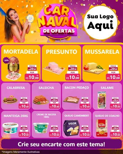 Modelo de Rede Social para Feed Instagram com o tema Carnaval de Ofertas para Frios e Laticínios