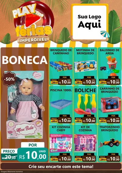 Modelo de Encarte para Encarte A4 Vertical com o tema Play Nas Férias Imperdível para Brinquedos