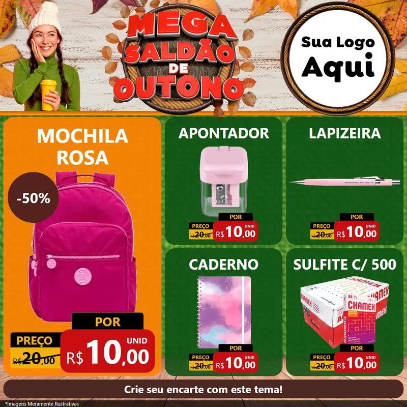 Modelo de Rede Social para Feed Facebook com o tema Mega Saldão de Outono para Papelaria