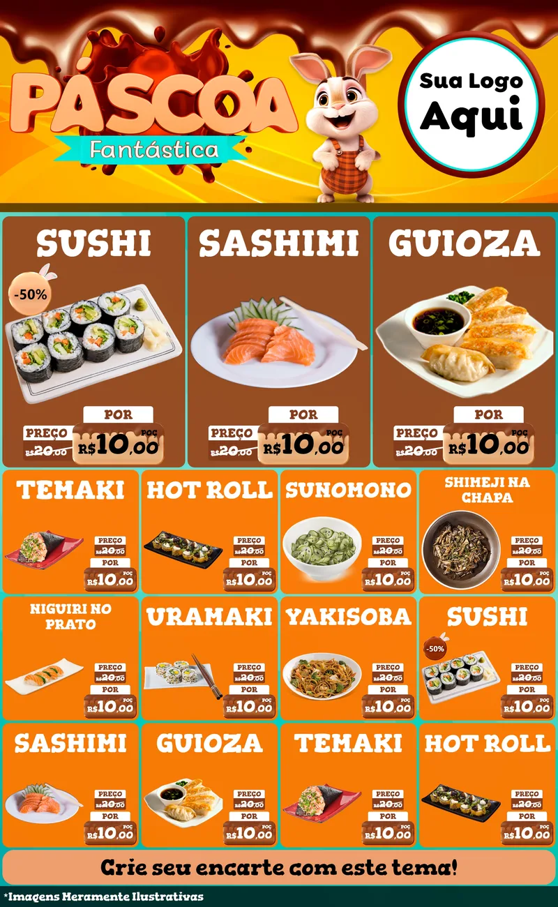 Modelo de Encarte para Encarte Grande com o tema Páscoa Fantástica para Comida japonesa