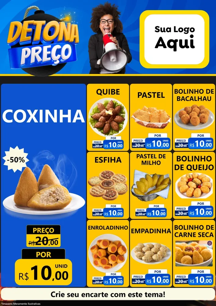 Modelo de Encarte para Encarte A4 Vertical com o tema Detona Preços para Salgadaria