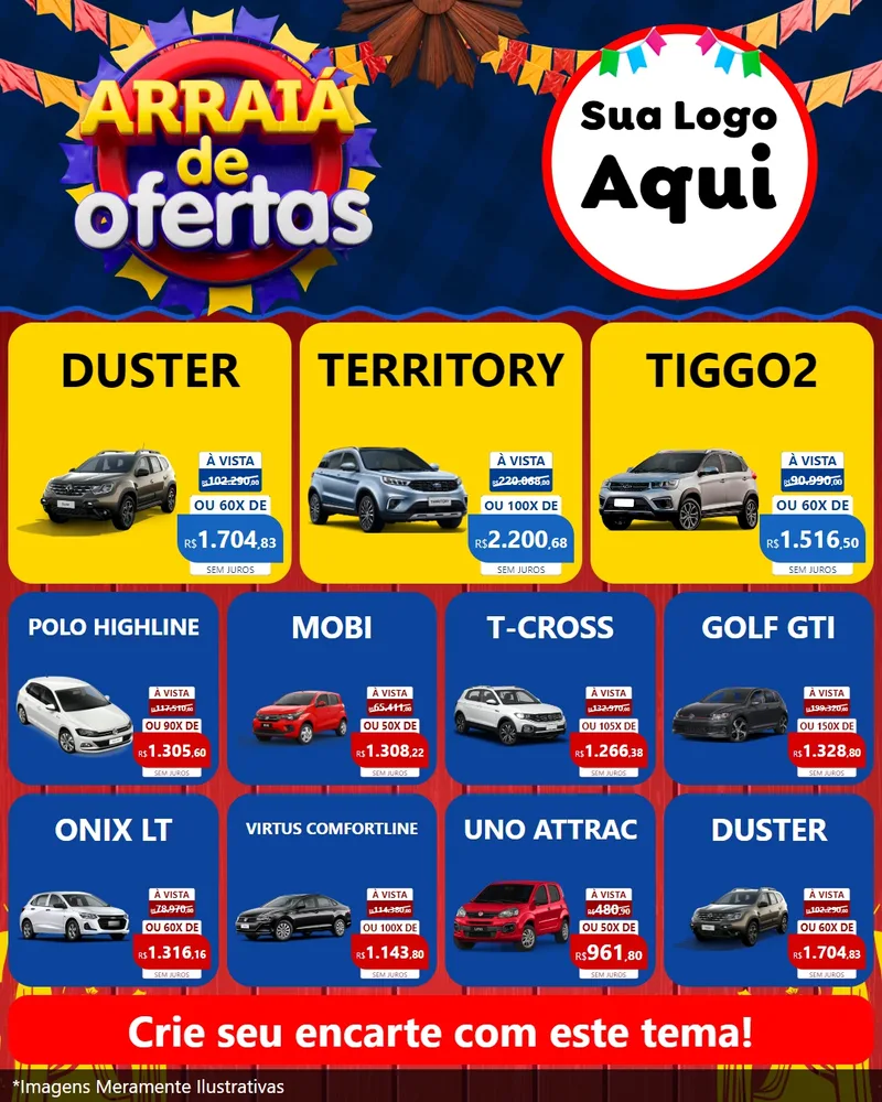 Modelo de Rede Social para Feed Instagram com o tema Arraiá de Ofertas para Concessionaria de Carros