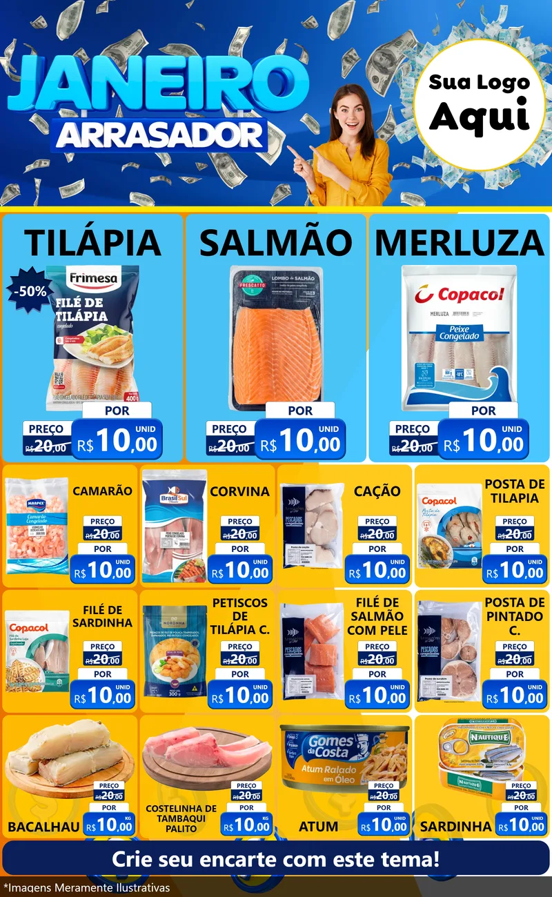 Modelo de Encarte para Encarte Grande com o tema Janeiro Arrasador para Peixaria
