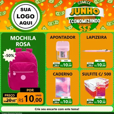 Modelo de Rede Social para Feed Facebook com o tema Comece Junho Economizando para Papelaria