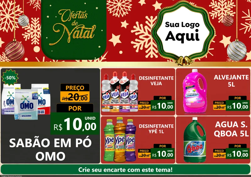 Modelo de Encarte para Encarte A4 Horizontal com o tema Natal de Ofertas para Produtos de Limpeza