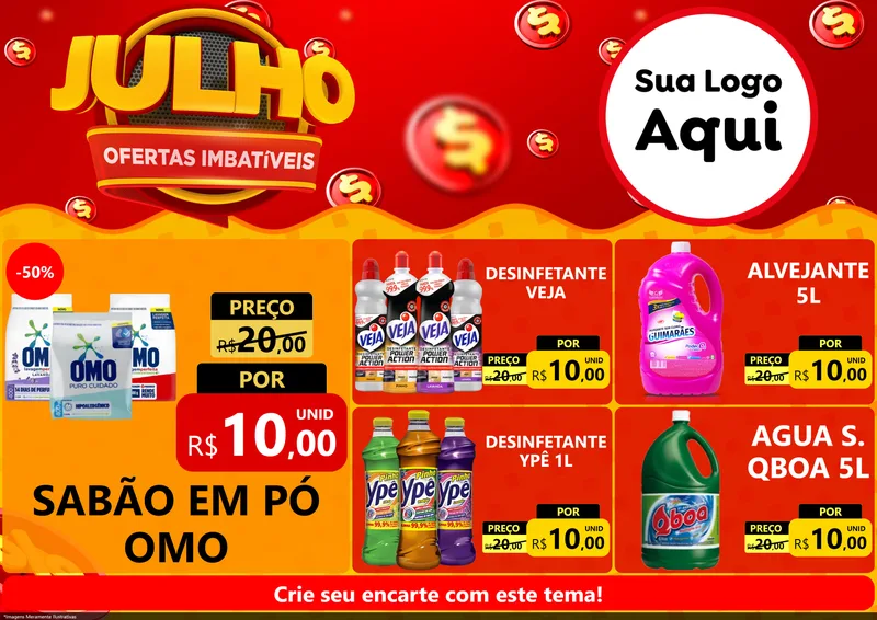 Modelo de Encarte para Encarte A4 Horizontal com o tema Julho Ofertas Imbatíveis para Produtos de Limpeza