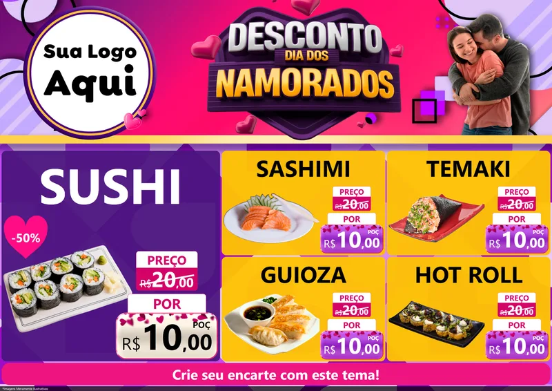 Modelo de Encarte para Encarte A4 Horizontal com o tema Desconto Dia dos Namorados para Comida japonesa