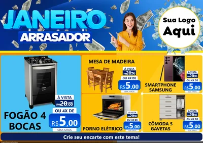 Modelo de Encarte para Encarte A4 Horizontal com o tema Janeiro Arrasador para Móveis e Eletro
