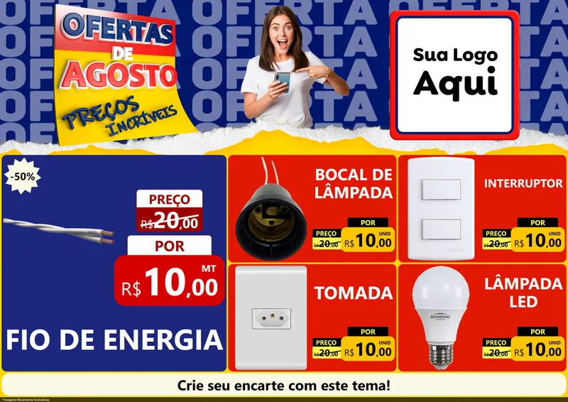 Modelo de Encarte para Encarte A4 Horizontal com o tema Ofertas de Agosto - Preços Incríveis para Materiais Elétricos
