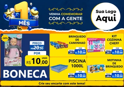 Modelo de Encarte para Encarte A4 Horizontal com o tema Um Mês de Aniversário para Brinquedos