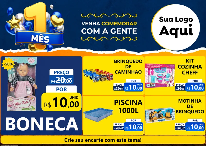 Modelo de Encarte para Encarte A4 Horizontal com o tema Um Mês de Aniversário para Brinquedos