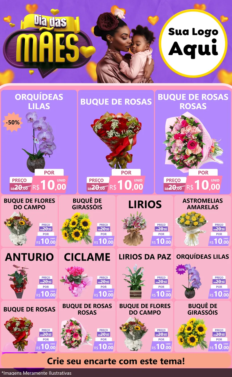 Modelo de Encarte para Encarte Grande com o tema Dia das Mães para Floricultura e jardim