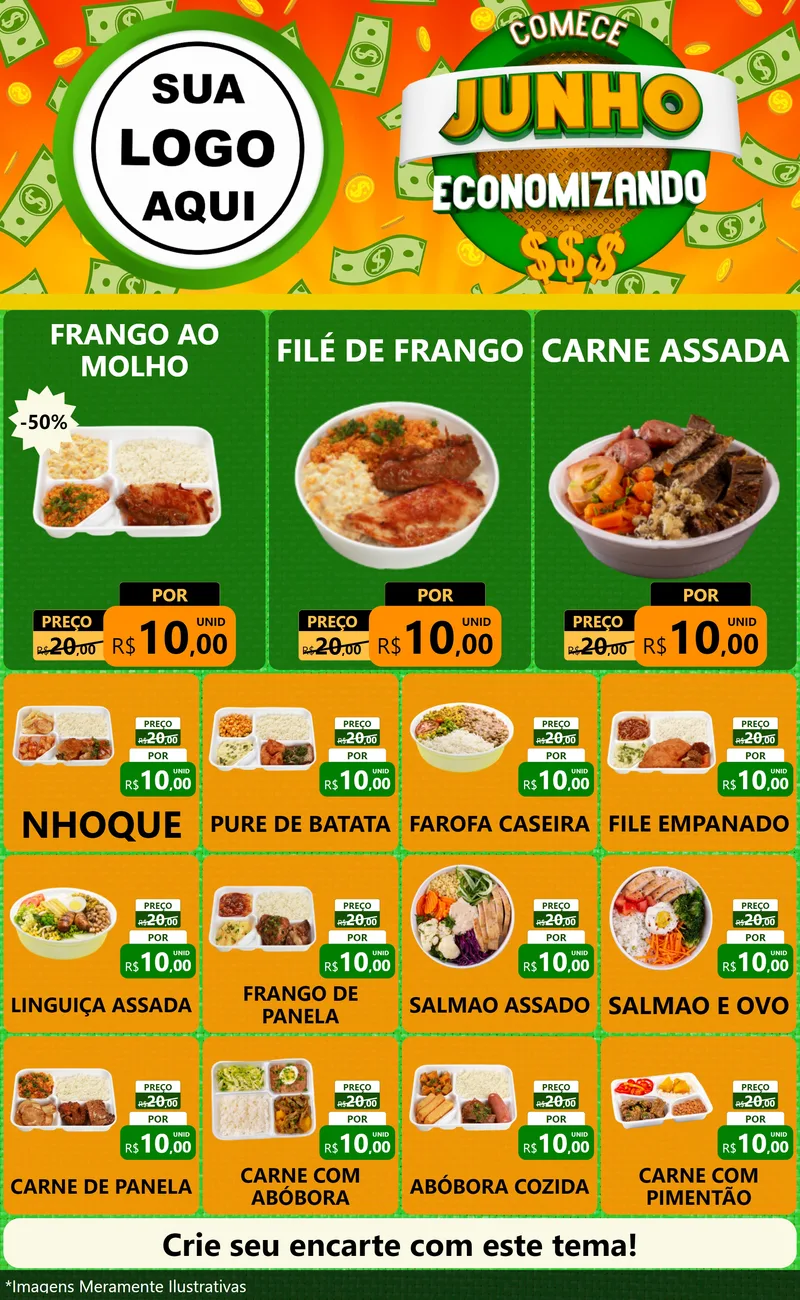 Modelo de Encarte para Encarte Grande com o tema Comece Junho Economizando para Restaurante