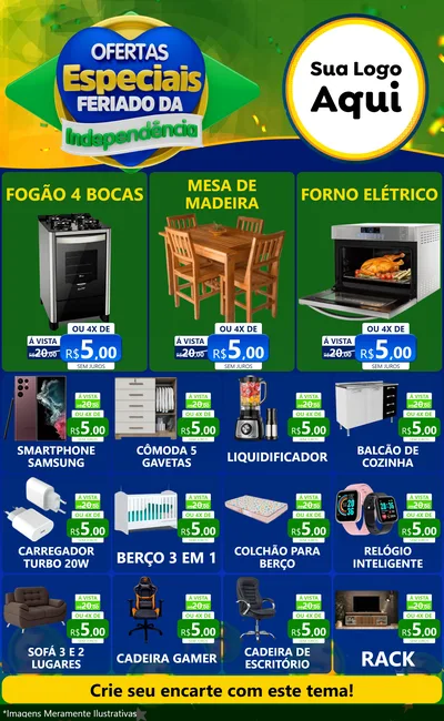 Modelo de Encarte para Encarte Grande com o tema Ofertas Especiais Feriado da Independência para Móveis e Eletro