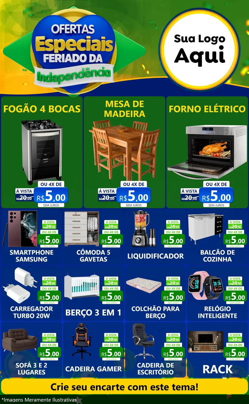 Modelo de Encarte para Encarte Grande com o tema Ofertas Especiais Feriado da Independência para Móveis e Eletro