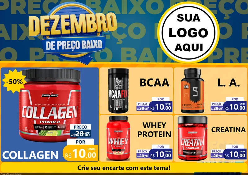 Modelo de Encarte para Encarte A4 Horizontal com o tema Dezembro de Preço Baixo para Suplementos alimentares