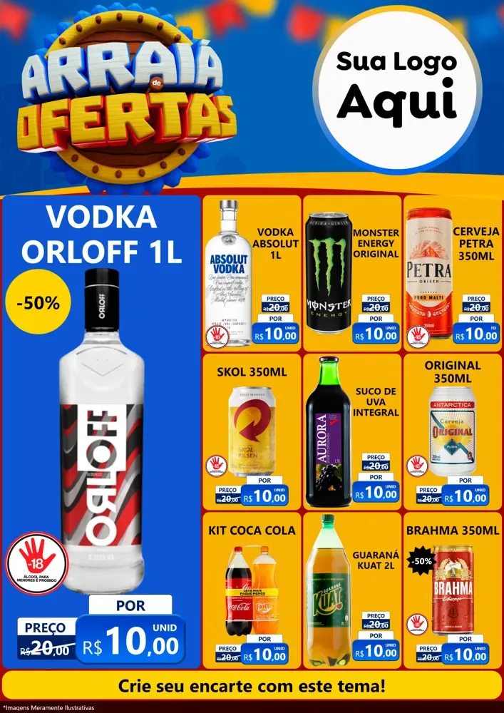 Modelo de Encarte para Encarte A4 Vertical com o tema Arraiá de Ofertas - Junina para Distribuidora de bebidas