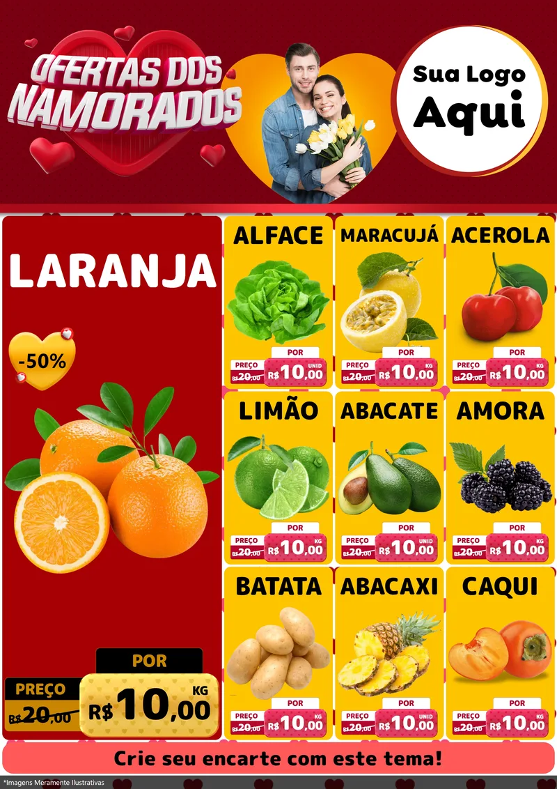 Modelo de Encarte para Encarte A4 Vertical com o tema Ofertas Dos Namorados para Hortifrúti