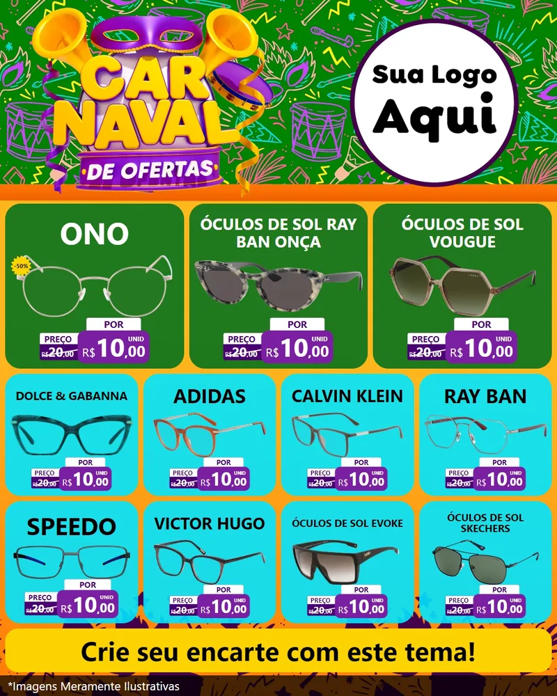 Modelo de Rede Social para Feed Instagram com o tema Carnaval de Ofertas para Óticas