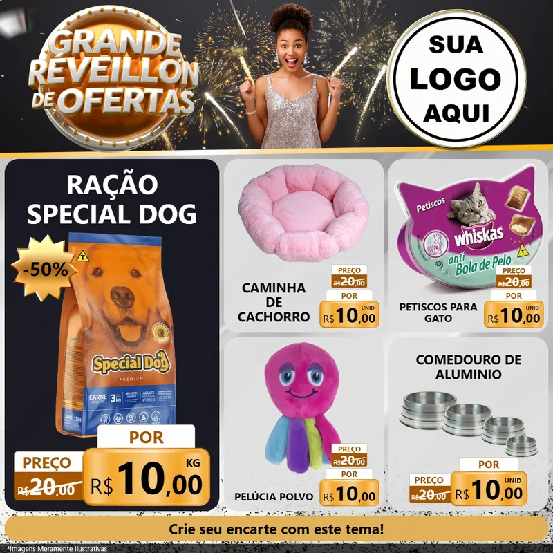 Modelo de Rede Social para Feed Facebook com o tema Grande Réveillon de Ofertas para Pet Shop