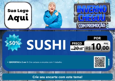 Modelo de Cartaz para Cartaz A4 Horizontal com o tema Inverno Chegou Com Promoção para Comida japonesa