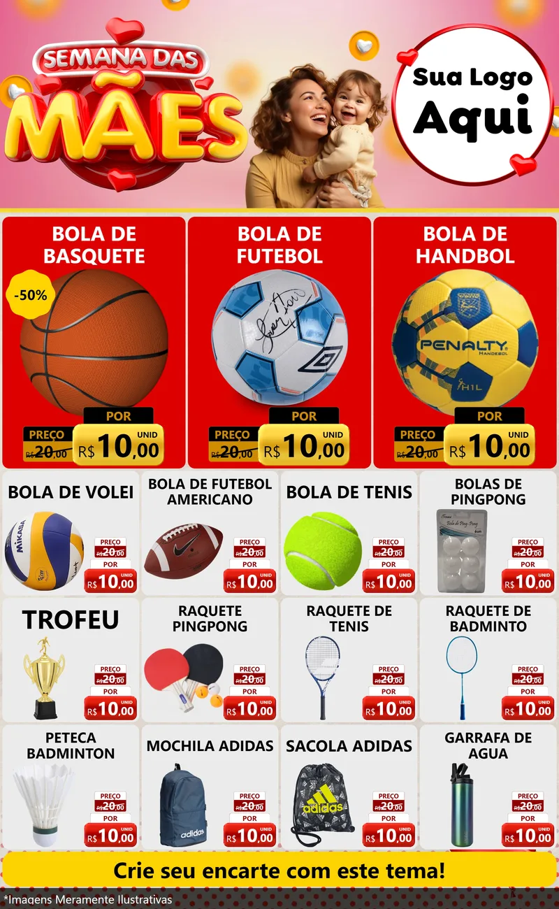 Modelo de Encarte para Encarte Grande com o tema Semana das Mães para Artigos Esportivos