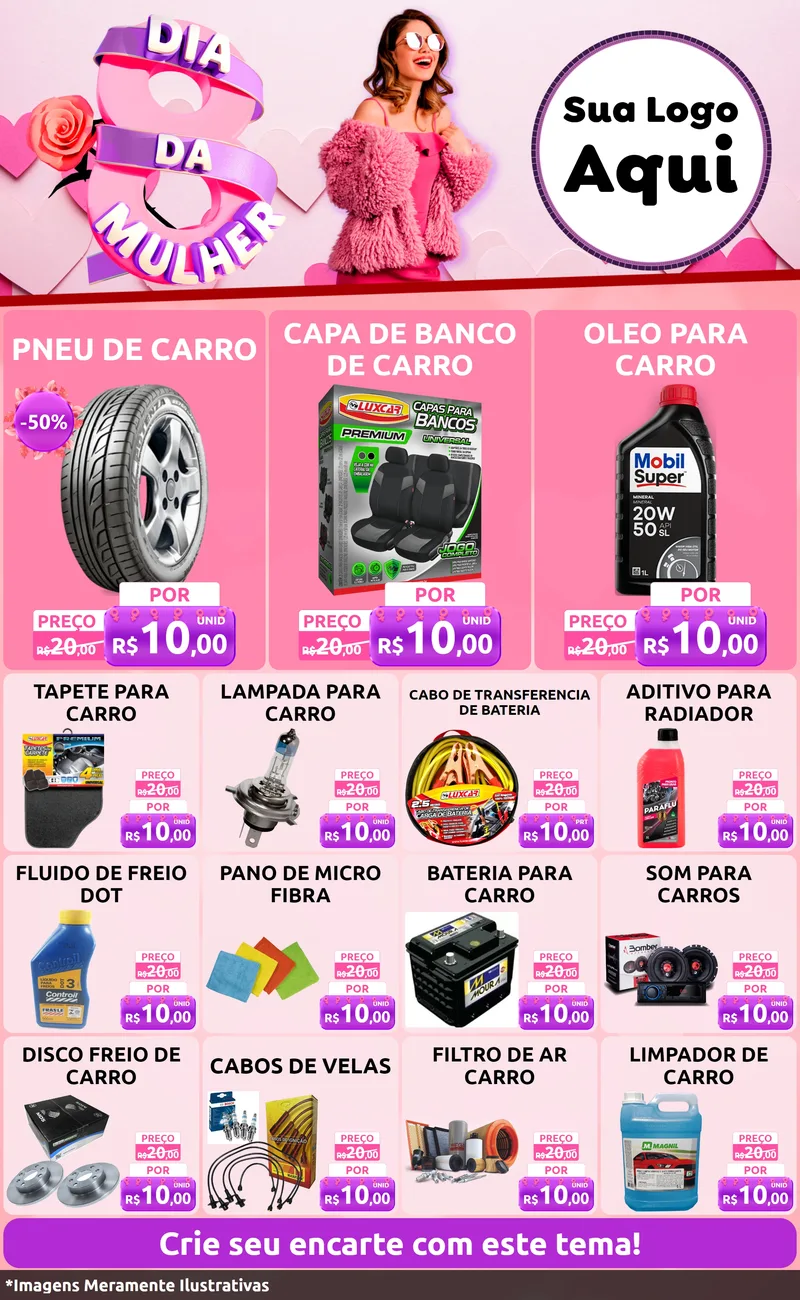 Modelo de Encarte para Encarte Grande com o tema Dia da Mulher para Auto peças