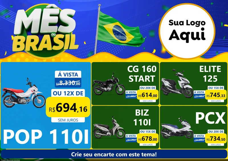 Modelo de Encarte para Encarte A4 Horizontal com o tema Mês do Brasil para Concessionaria de Motos