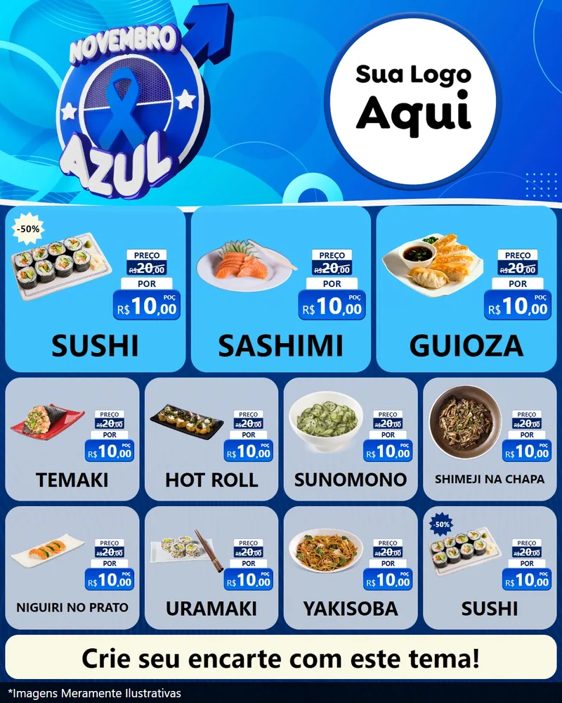 Modelo de Rede Social para Feed Instagram com o tema Novembro Azul para Comida japonesa