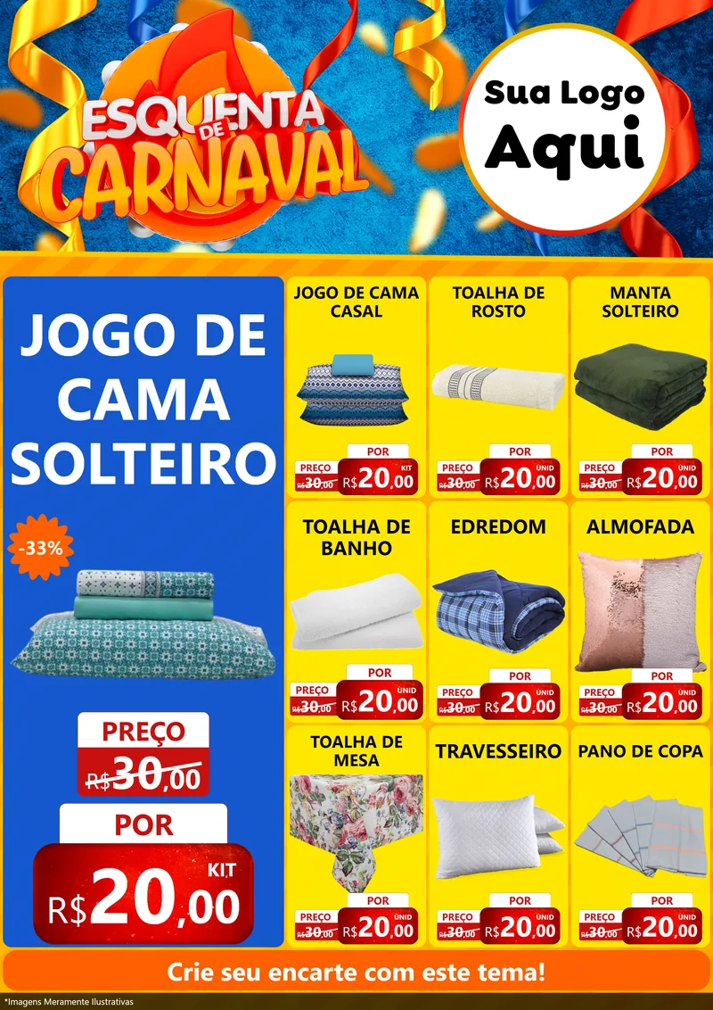 Modelo de Encarte para Encarte A4 Vertical com o tema Esquenta de Carnaval para Cama, Mesa e Banho