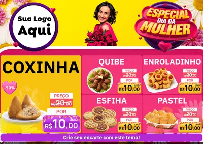 Modelo de Encarte para Encarte A4 Horizontal com o tema Especial Dia da Mulher para Salgadaria