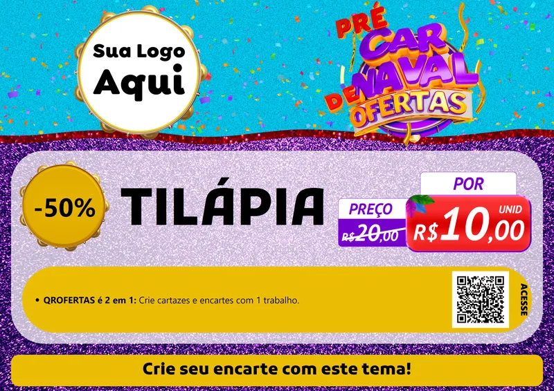Modelo de Cartaz para Cartaz A4 Horizontal com o tema Pré Carnaval de Ofertas para Peixaria