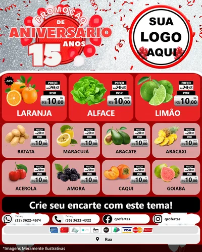 Modelo de Rede Social para Feed Instagram com o tema Promoção de Aniversário - 15 Anos para Hortifrúti