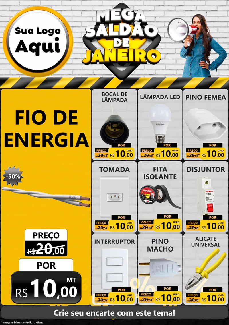 Modelo de Encarte para Encarte A4 Vertical com o tema Mega Saldão de Janeiro para Materiais Elétricos