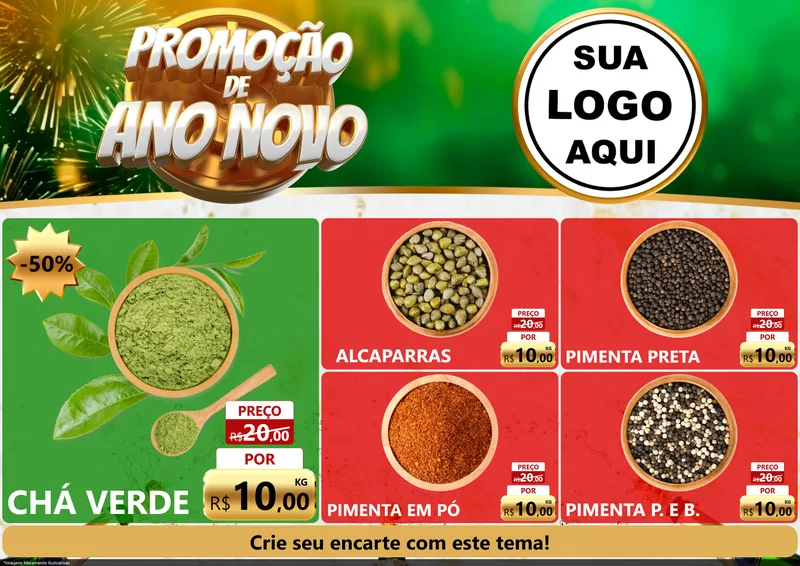 Modelo de Encarte para Encarte A4 Horizontal com o tema Promoção de Ano Novo para Produtos Naturais