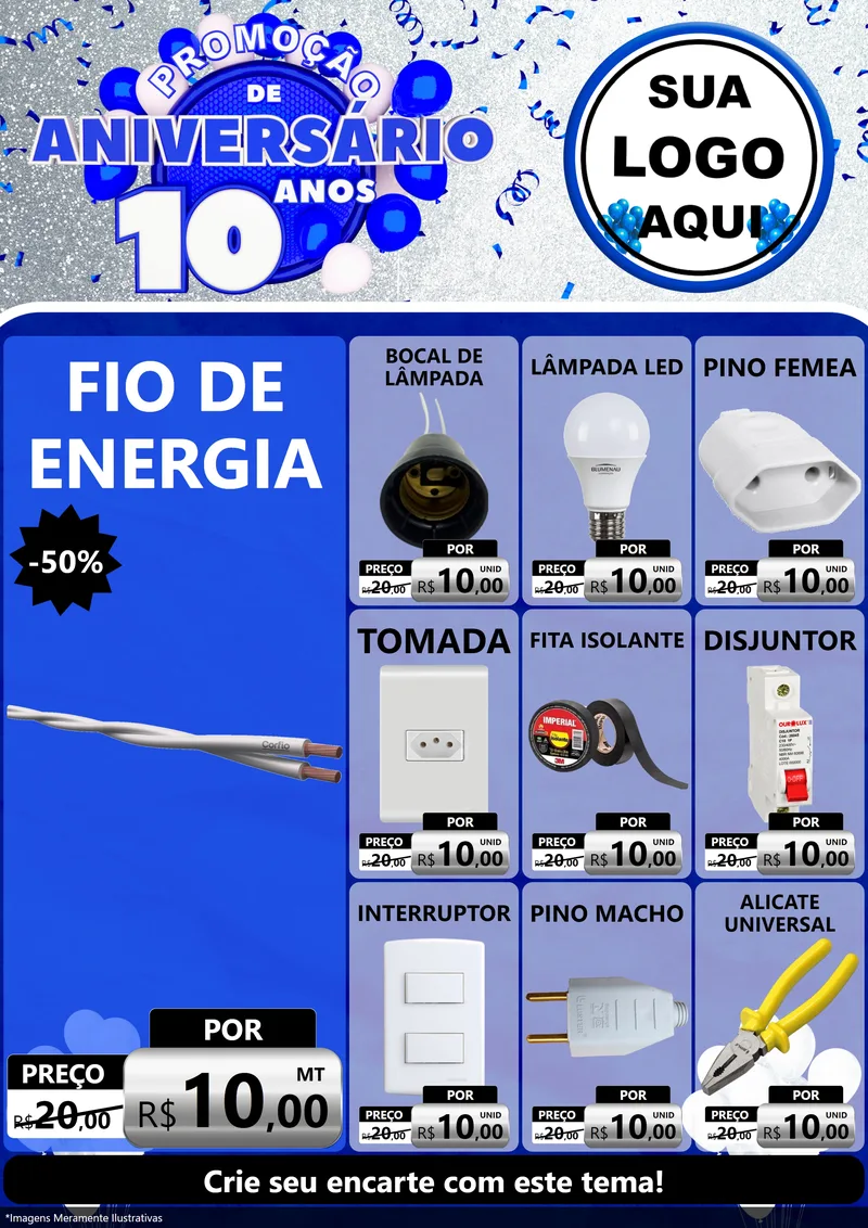 Modelo de Encarte para Encarte A4 Vertical com o tema Promoção de Aniversário - 10 Anos para Materiais Elétricos